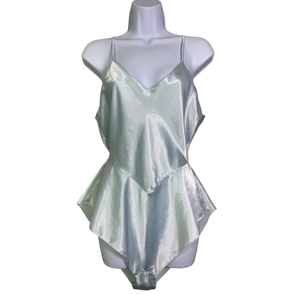 Laura Adams 1990s Vintage Ice Blue Satin Teddy Bodysuit Balletcore Coquette Sz M